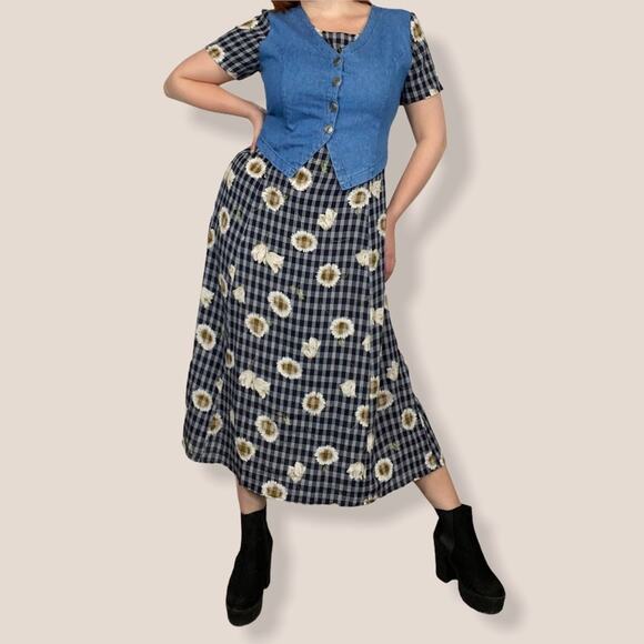 Vintage Croft & Barrow Medium Chambray Plaid Sunflower Layered Vest Midi Dress - Picture 3 of 12